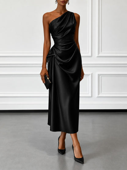 Satin One Shoulder Midi Dress