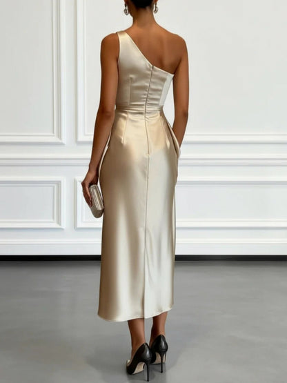 Satin One Shoulder Midi Dress