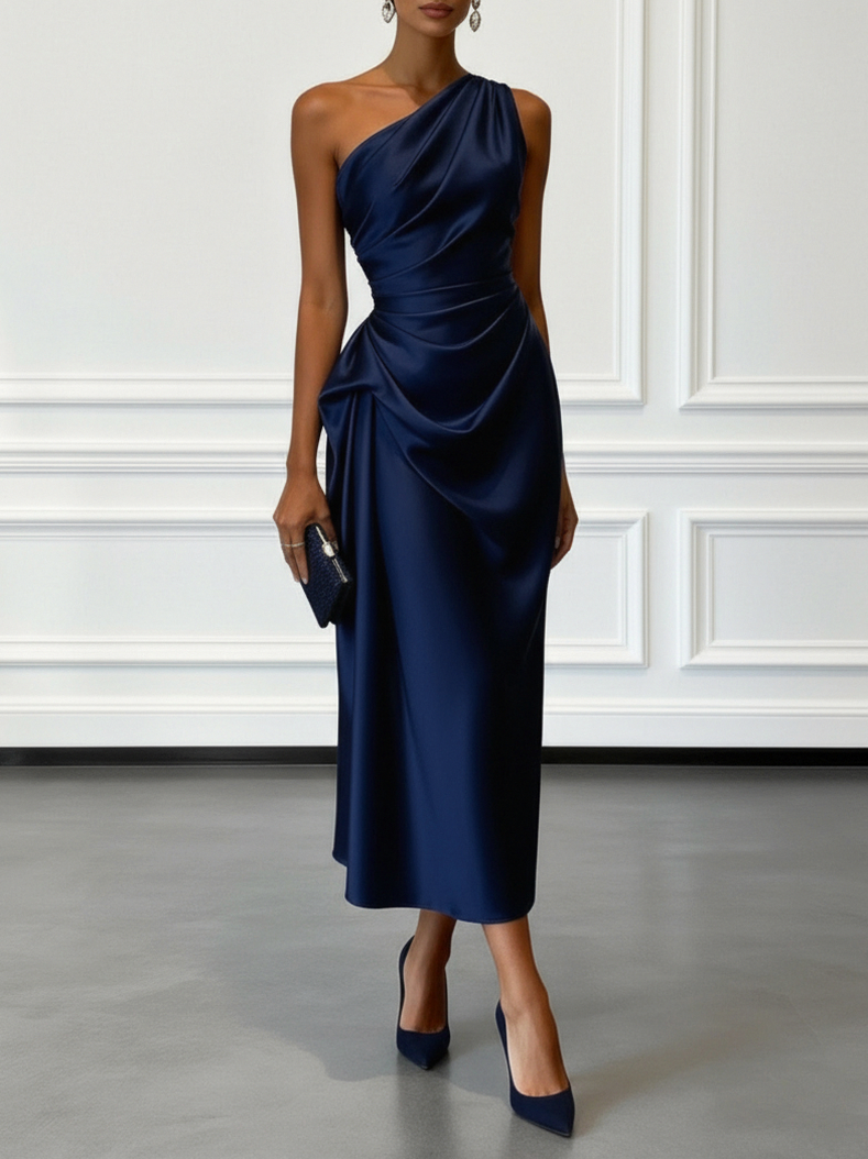 Satin One Shoulder Midi Dress