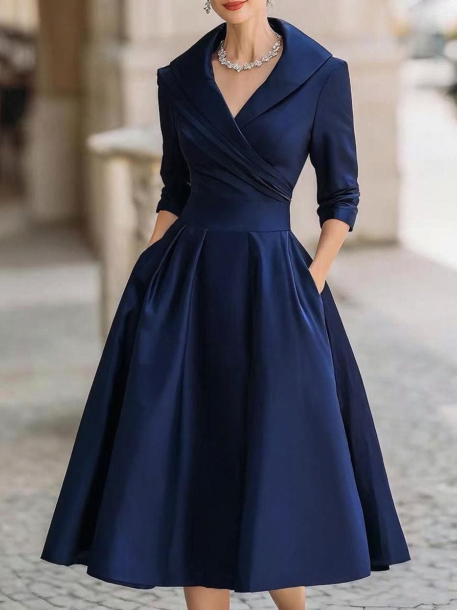 Satin Shawl Collar 3/4 Sleeve Midi Dress