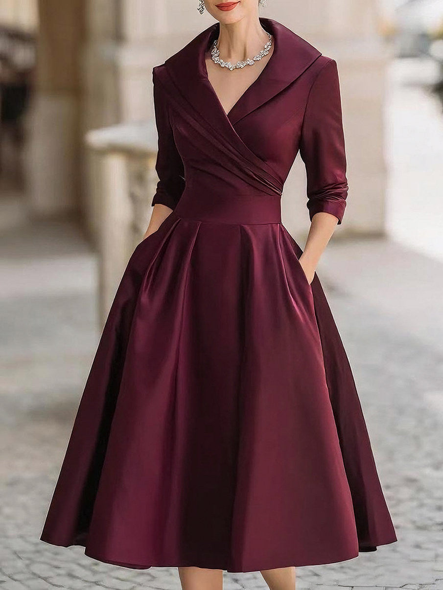 Satin Shawl Collar 3/4 Sleeve Midi Dress