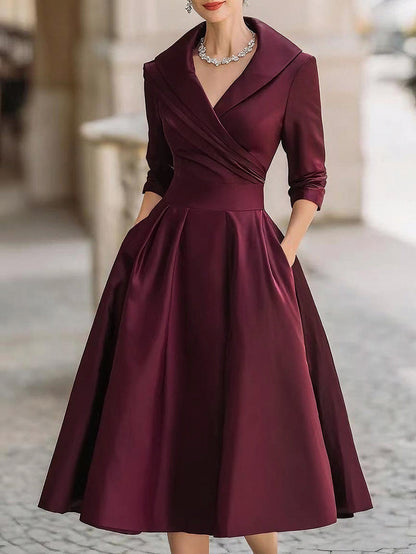Satin Shawl Collar 3/4 Sleeve Midi Dress