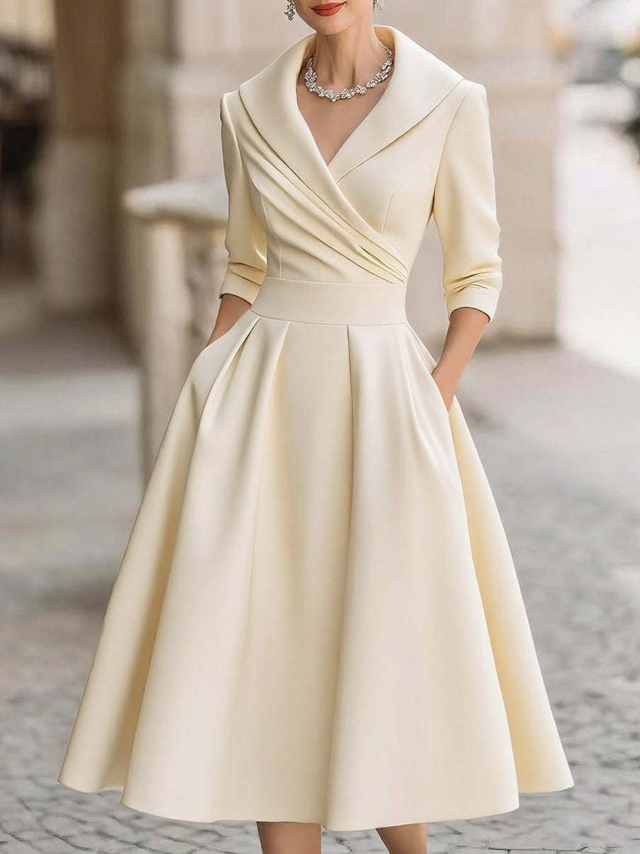 Satin Shawl Collar 3/4 Sleeve Midi Dress