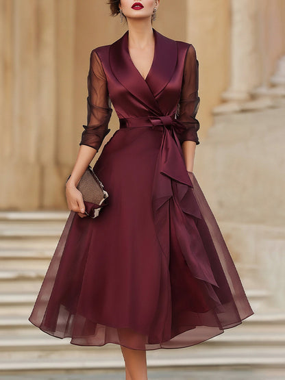 Satin Shawl Collar 3/4 Sleeve Midi Dress
