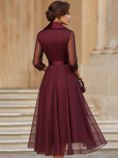 Satin Shawl Collar 3/4 Sleeve Midi Dress