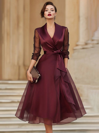 Satin Shawl Collar 3/4 Sleeve Midi Dress