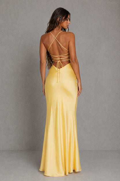 Satin V Neck High Slit Slip Dress