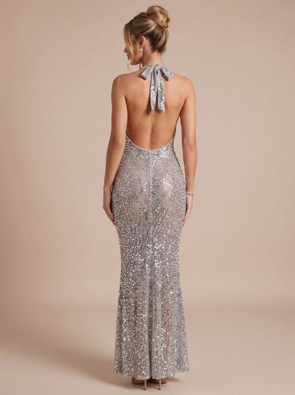 Sequin Halter Cowl Maxi Dress