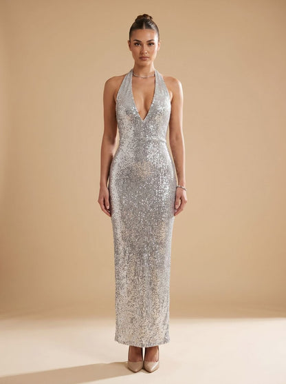 Sequin Halter Cowl Maxi Dress