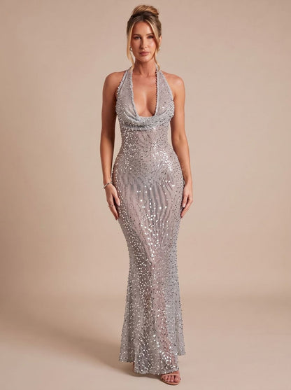 Sequin Halter Cowl Maxi Dress