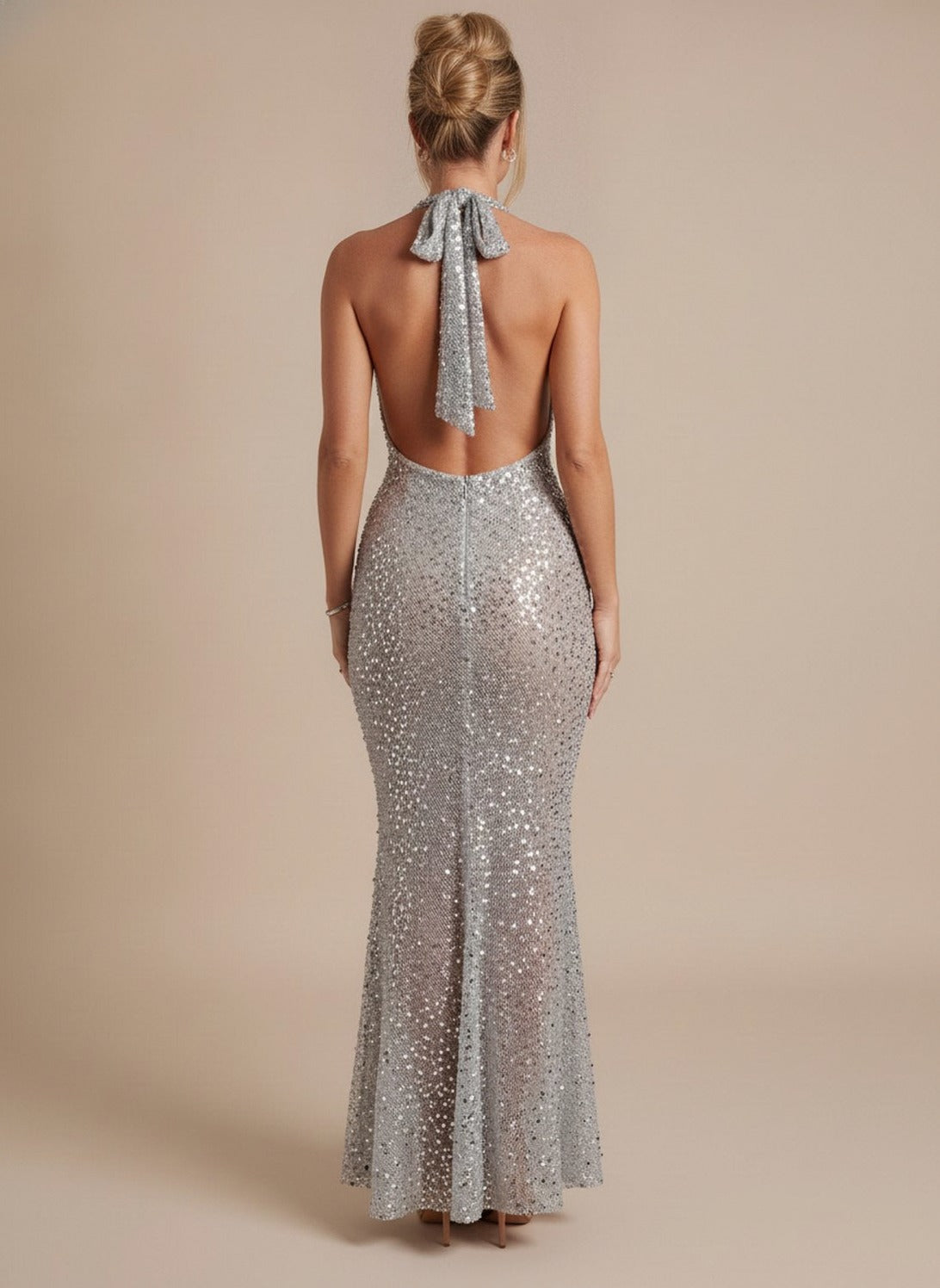 Sequin Halter Cowl Maxi Dress