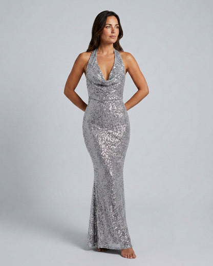 Sequin Halter Cowl Neck Maxi Dress