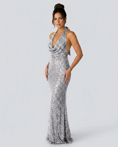 Sequin Halter Cowl Neck Maxi Dress