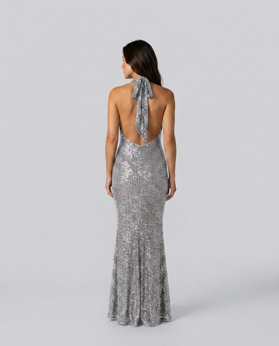 Sequin Halter Cowl Neck Maxi Dress