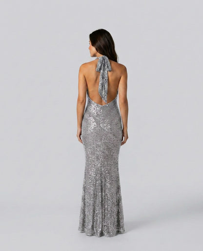 Sequin Halter Cowl Neck Maxi Dress