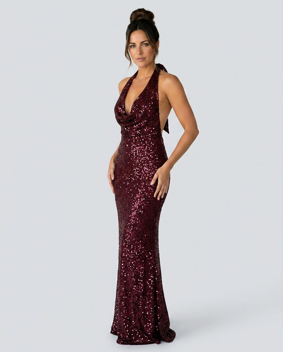 Sequin Halter Cowl Neck Maxi Dress