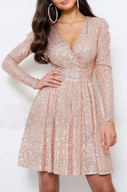 Sequin Long Sleeve A-Line Mini Dress