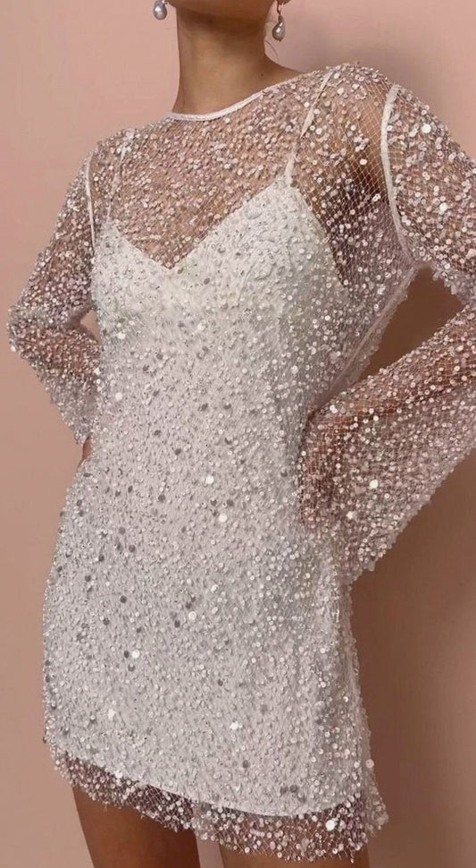 Sequin Mesh Long Sleeve Mini Dress