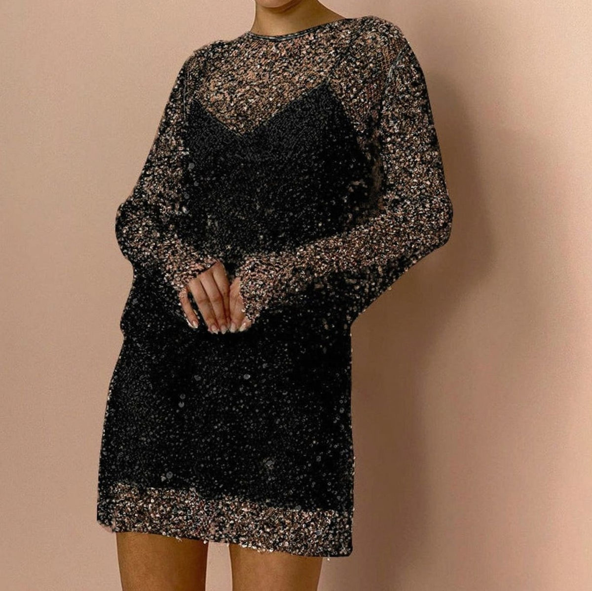 Sequin Mesh Long Sleeve Mini Dress