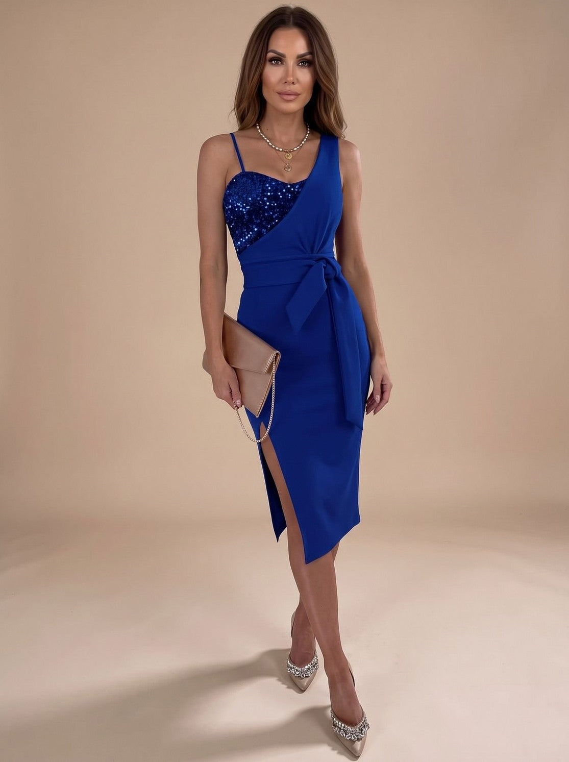 Sequin One Shoulder Midi Dress