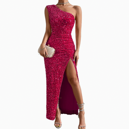 Sequin One Shoulder Ruched Maxi Dress