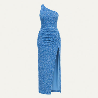 Sequin One Shoulder Ruched Maxi Dress