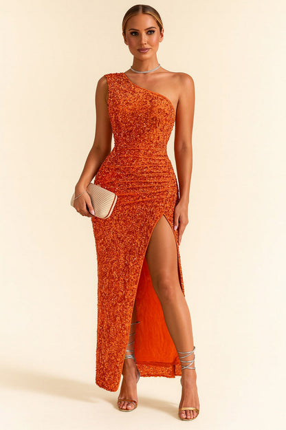Sequin One Shoulder Ruched Maxi Dress
