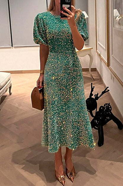 Sequin Puff Sleeve Midi Dress
