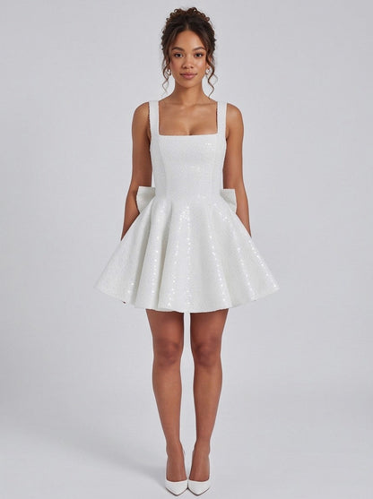 Sequin Square Neck Back Bow Mini Dress