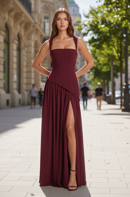 Square Neck Drop Waist Maxi Dress