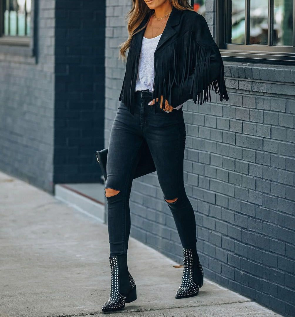Suede Fringe Long Sleeve Jacket