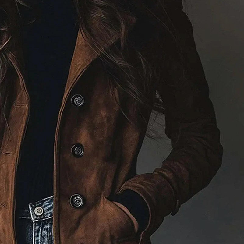 Suede Long Sleeve Double Breasted Coat