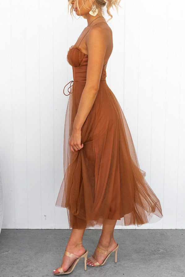 Tulle Corset Tie Waist Midi Dress