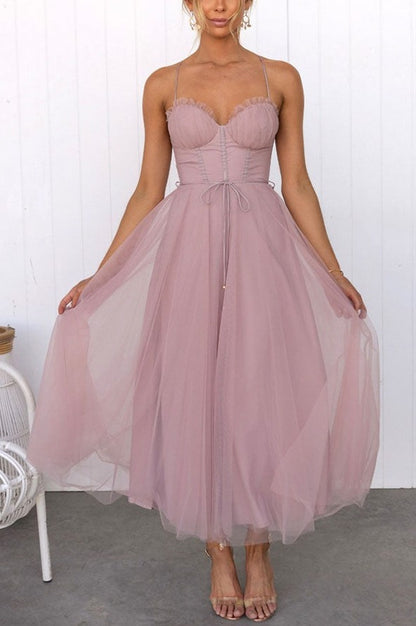 Tulle Corset Tie Waist Midi Dress