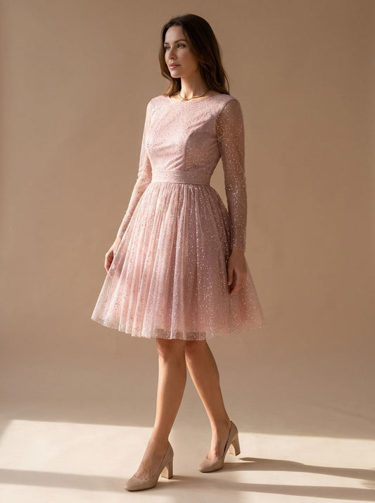 Tulle Long Sleeve Pleated Mini Dress