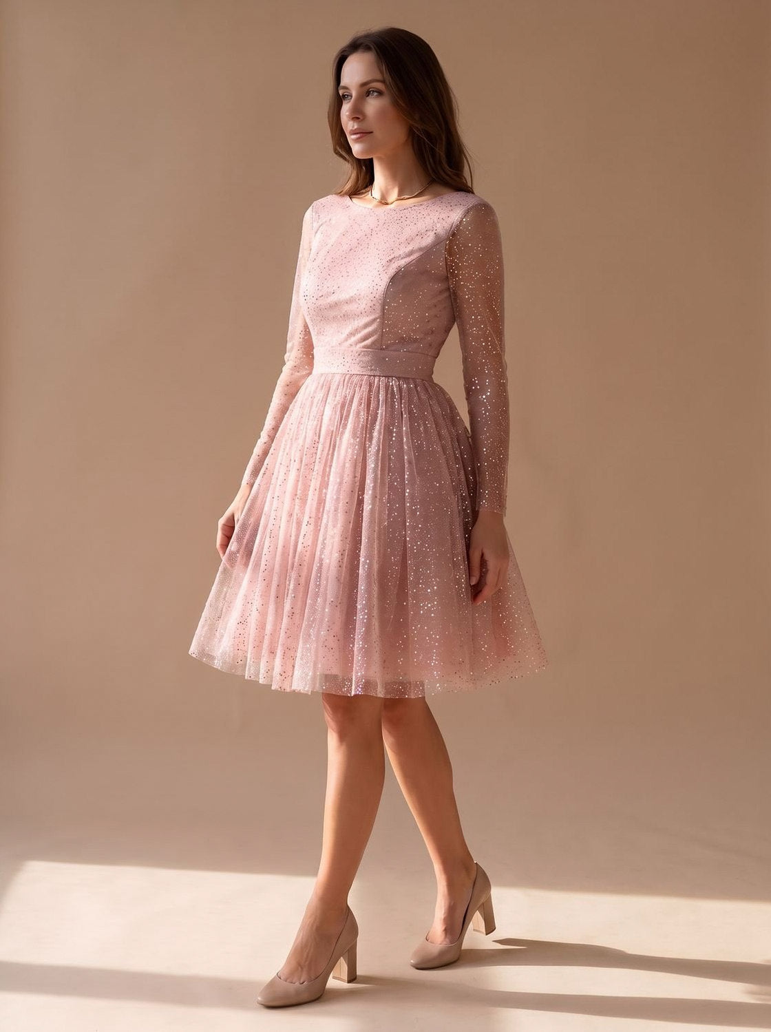 Tulle Long Sleeve Pleated Mini Dress