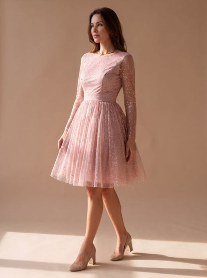 Tulle Long Sleeve Pleated Mini Dress