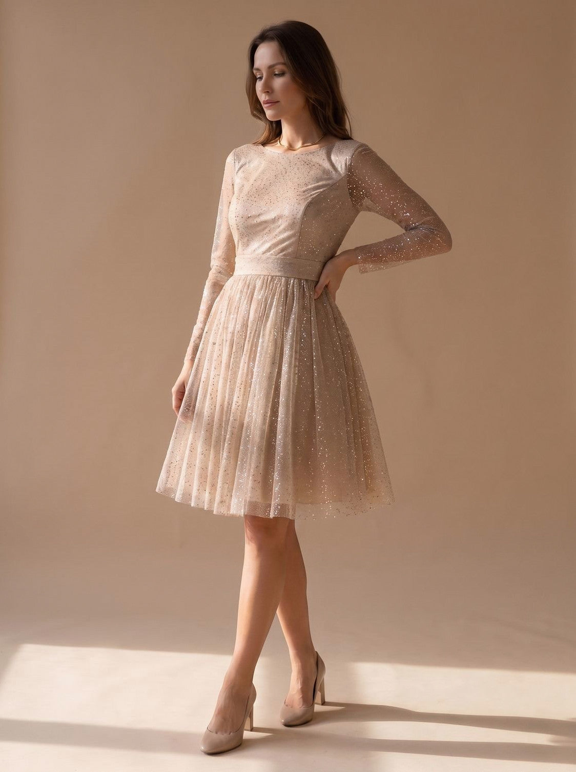 Tulle Long Sleeve Pleated Mini Dress