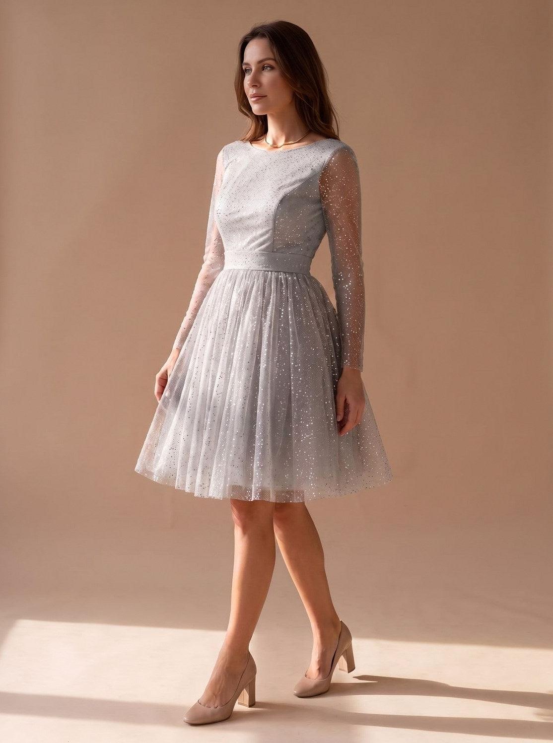 Tulle Long Sleeve Pleated Mini Dress