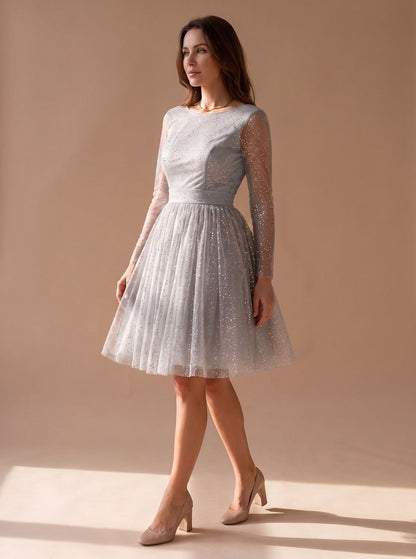 Tulle Long Sleeve Pleated Mini Dress