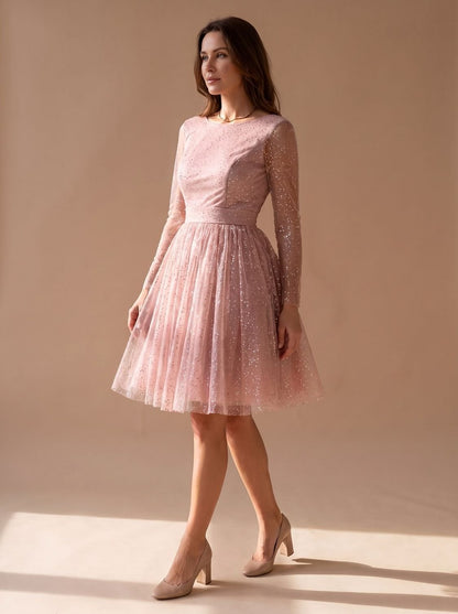 Tulle Long Sleeve Pleated Mini Dress