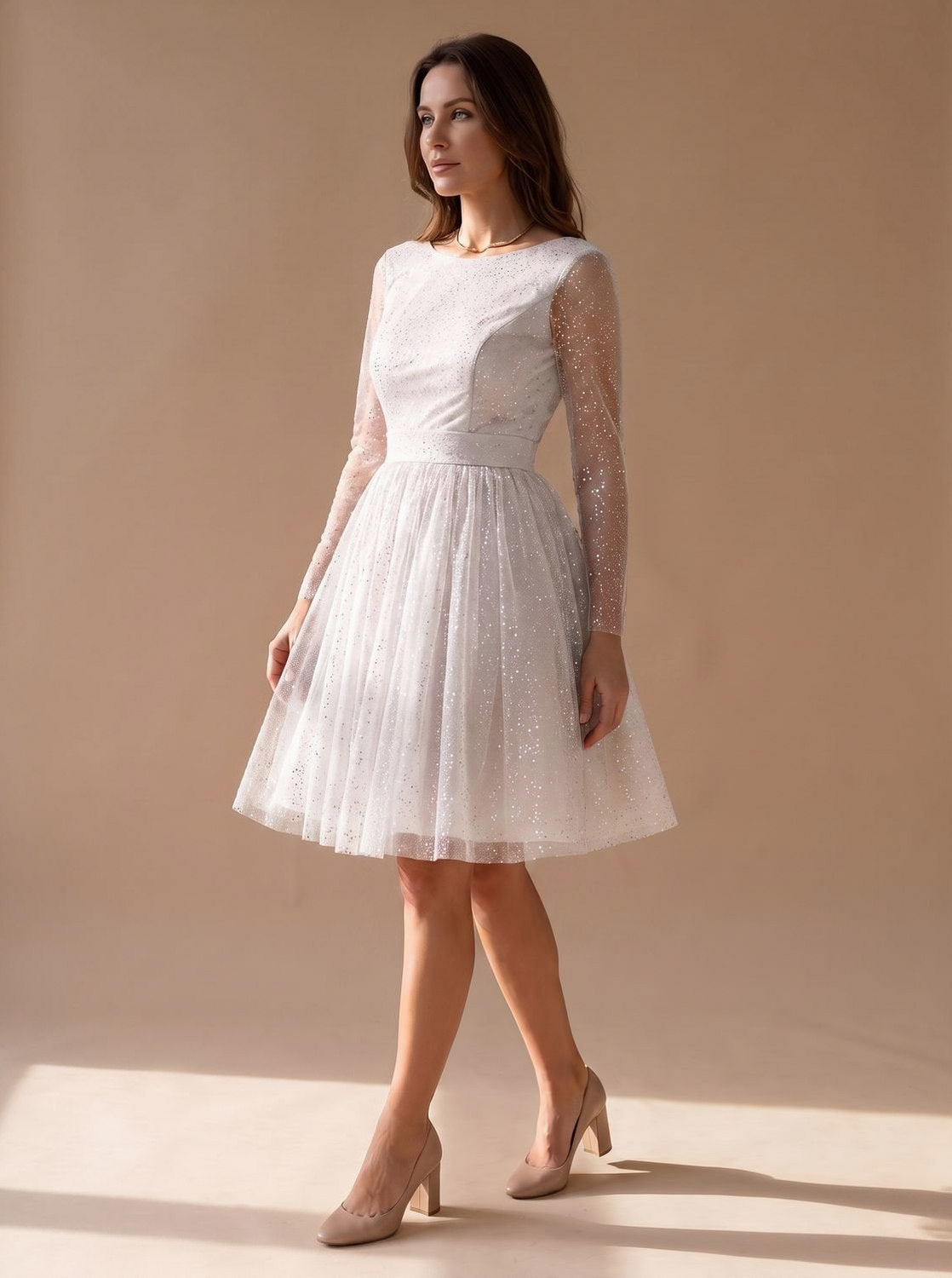 Tulle Long Sleeve Pleated Mini Dress