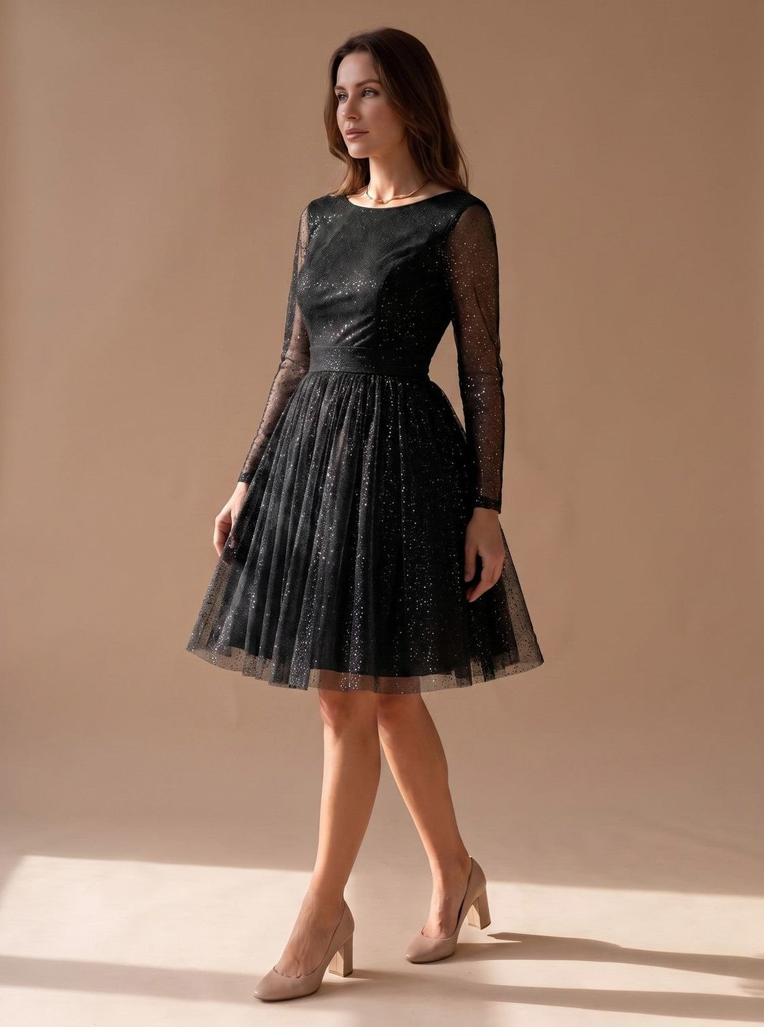 Tulle Long Sleeve Pleated Mini Dress