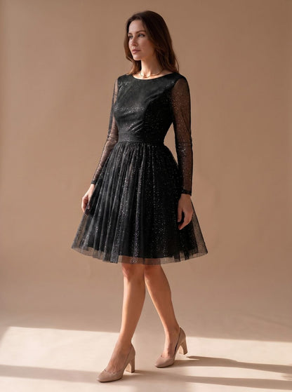 Tulle Long Sleeve Pleated Mini Dress