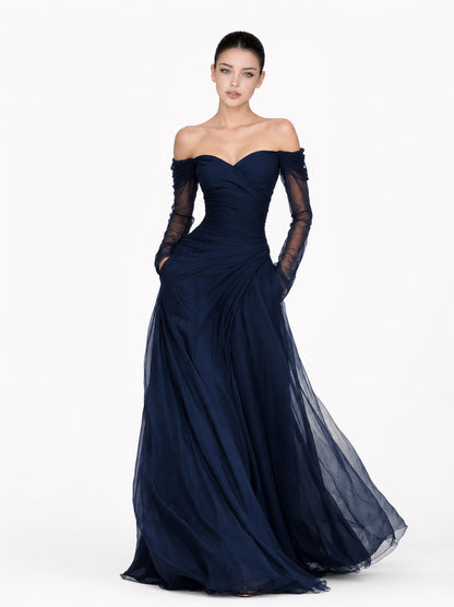 Tulle Long Sleeve Ruched Maxi Dress