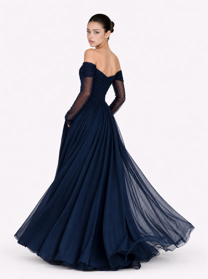 Tulle Long Sleeve Ruched Maxi Dress