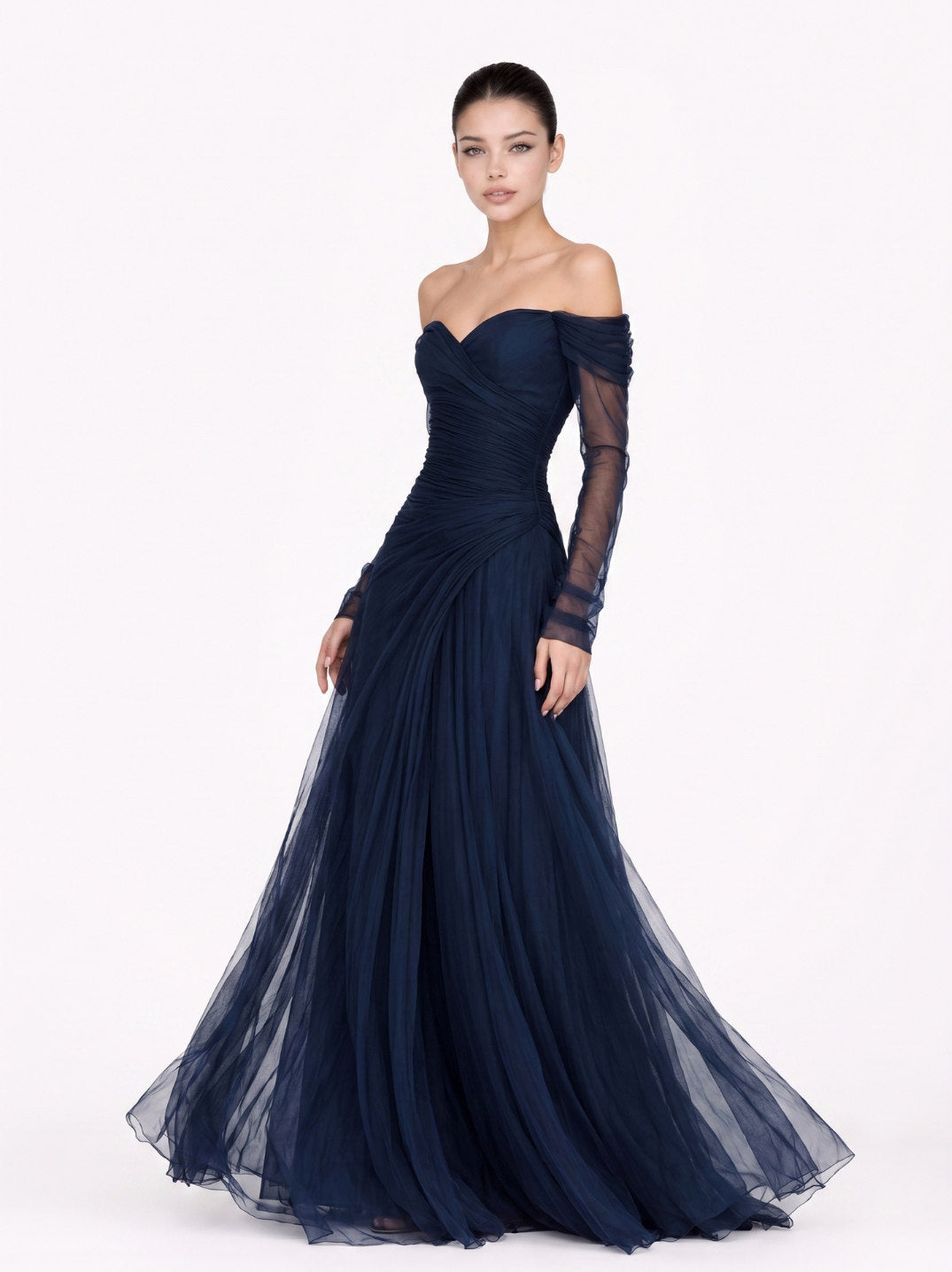 Tulle Long Sleeve Ruched Maxi Dress