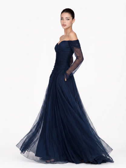 Tulle Long Sleeve Ruched Maxi Dress