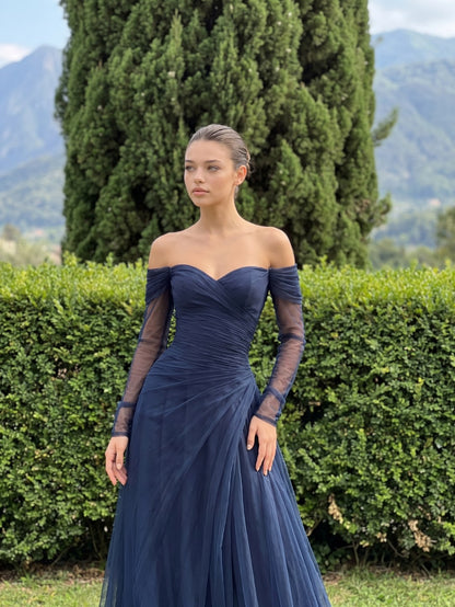 Tulle Long Sleeve Ruched Maxi Dress