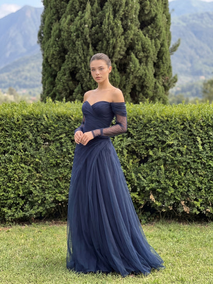 Tulle Long Sleeve Ruched Maxi Dress